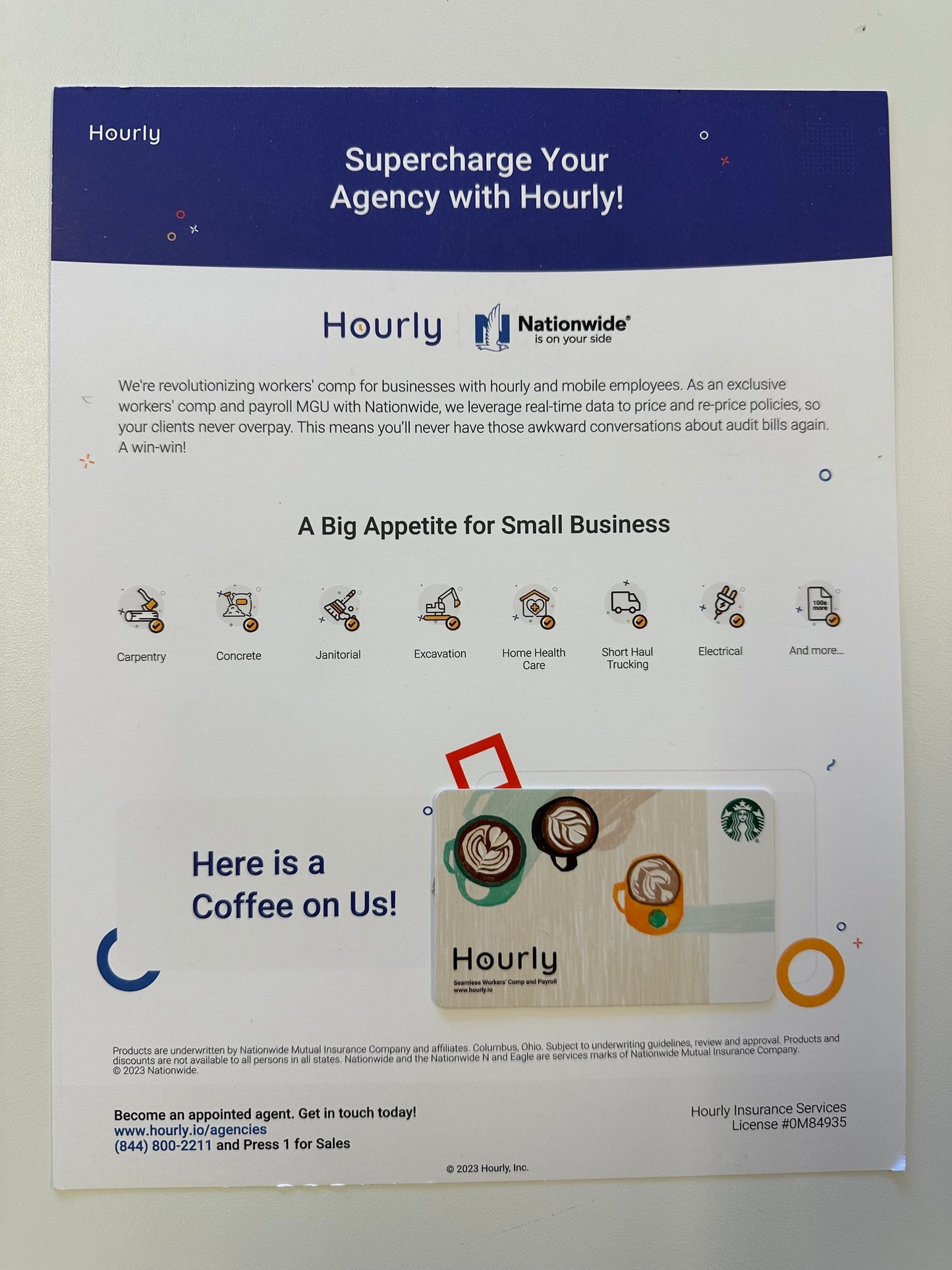 Hourly.io Brochure with a $5 Starbucks Gift Card