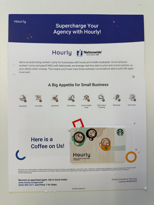 Hourly.io Brochure with a $5 Starbucks Gift Card